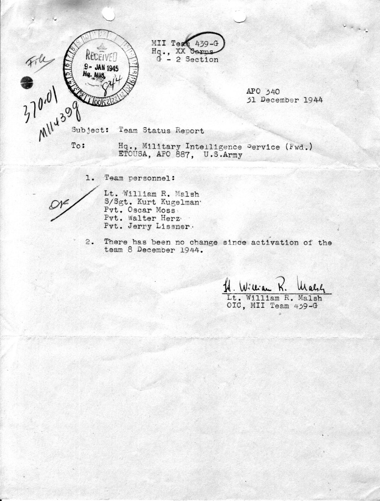 MII 439-G status report signed as OIC, 31 Dec 1944.