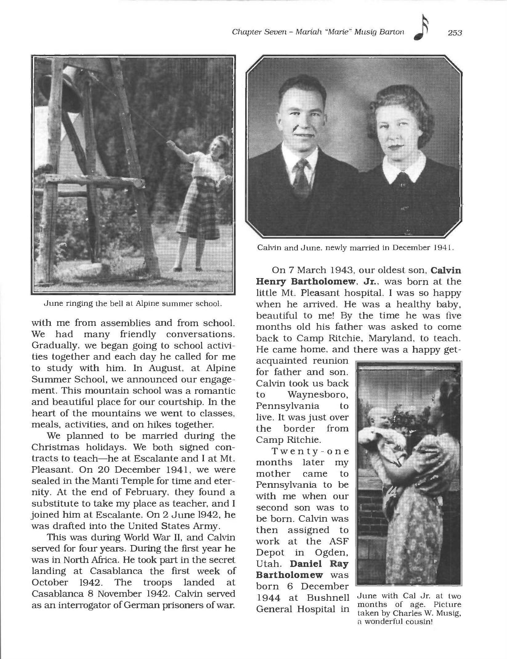 Family history page with photos and wartime summary (RB Archive FL228384 scan)