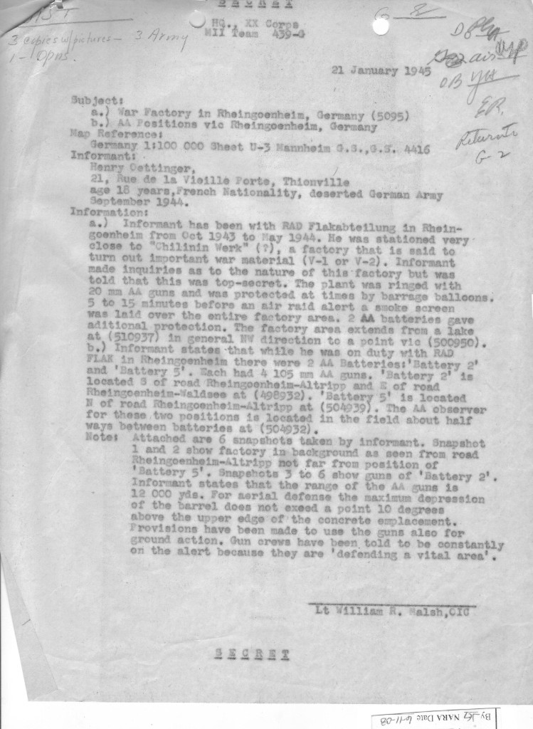 Rheingönheim report signed Walsh / Malsh, 21 Jan 1945.
