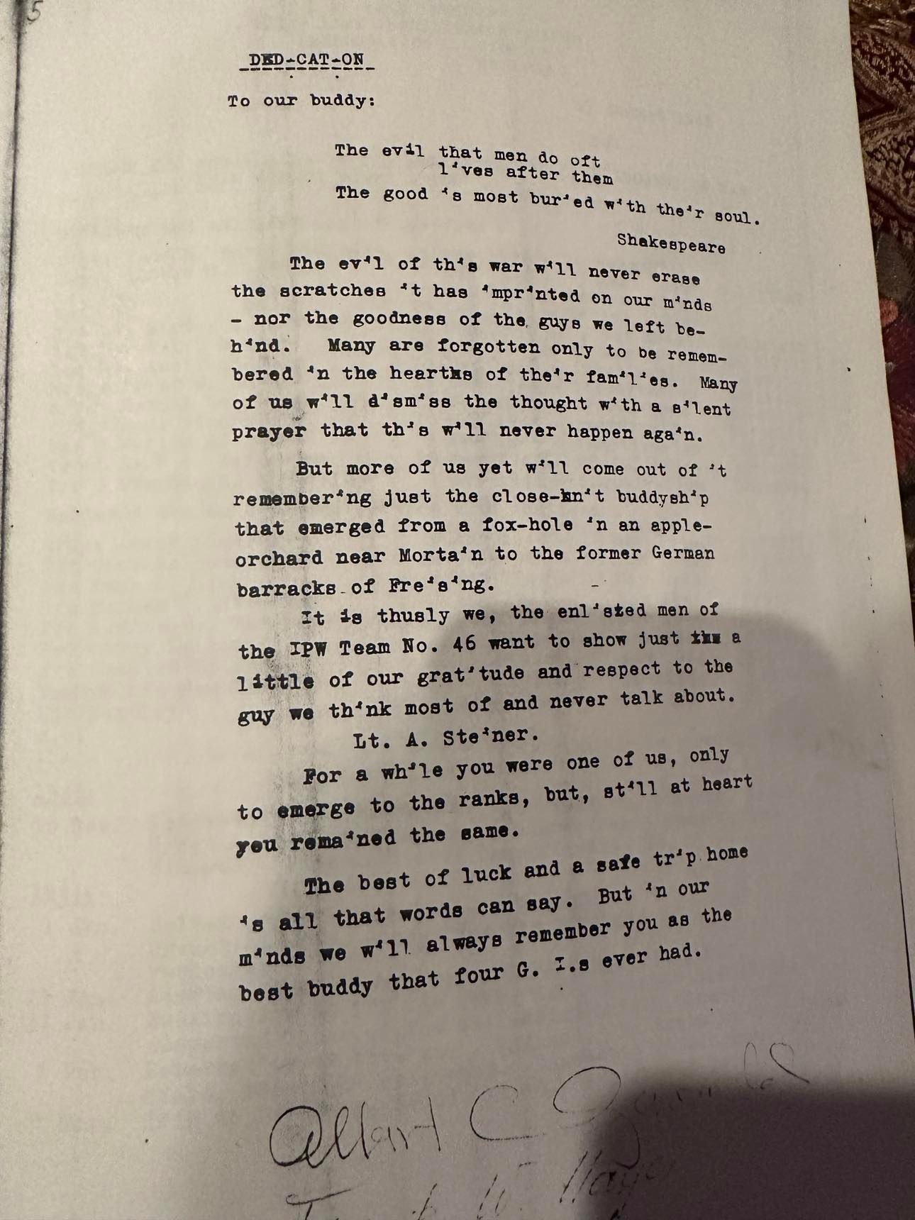 IPW Team 46 diary dedication to Lt. A. Steiner (RB Archive).