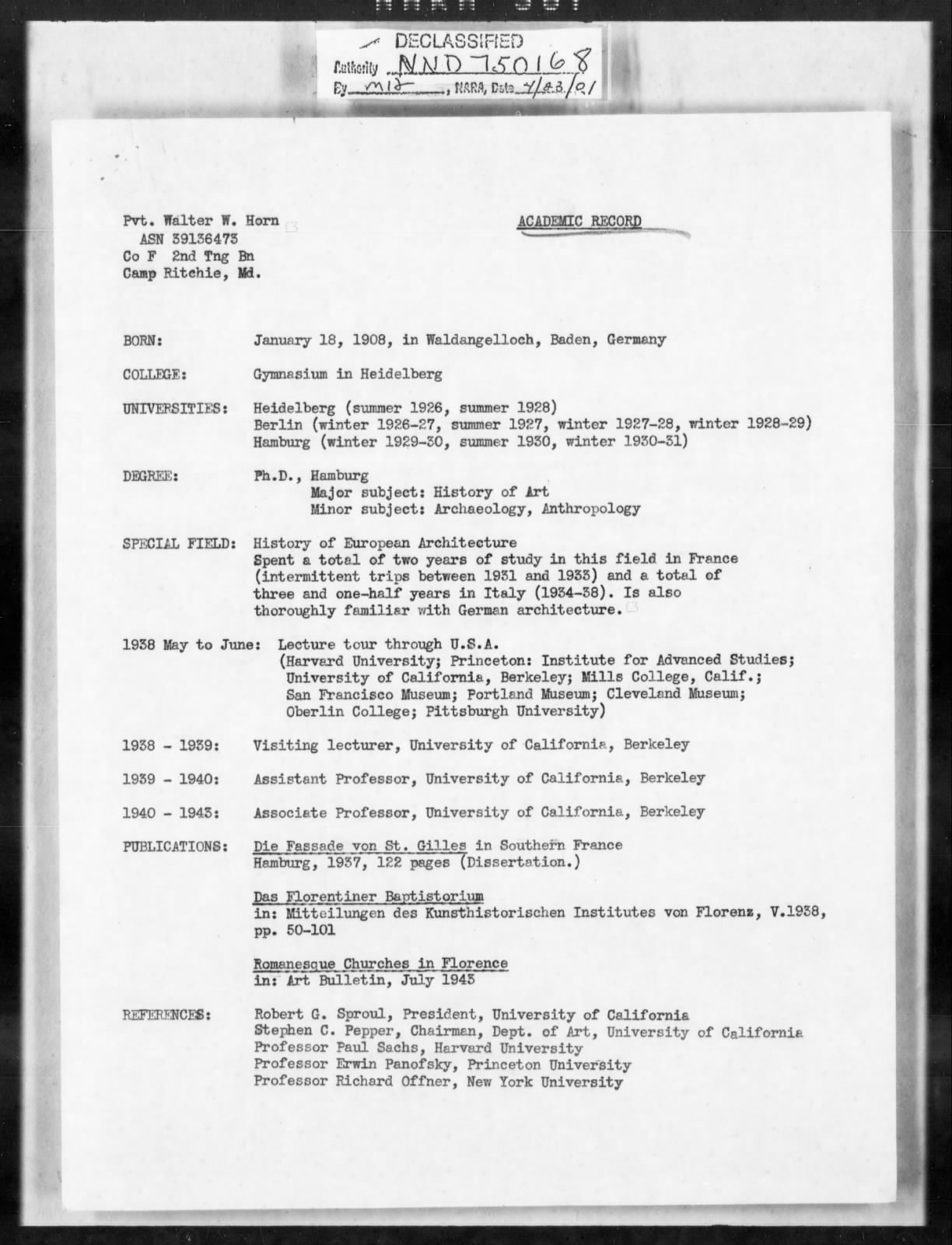 Miscellaneous personnel correspondence — Walter W. Horn (NARA; RB Archive).