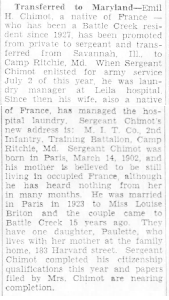 Battle Creek Enquirer, 8 November 1942 — Emil H. Chimot transferred to Camp Ritchie (RB Archive).