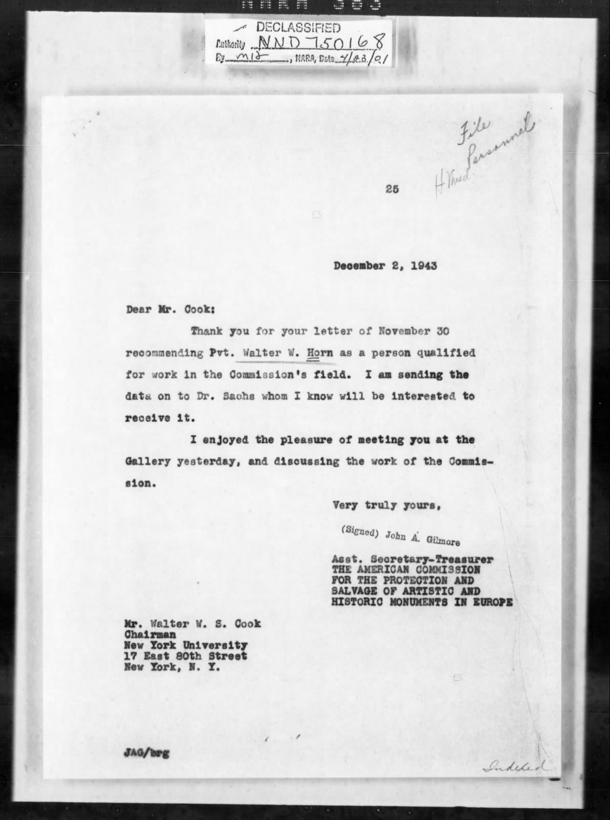 Miscellaneous personnel correspondence — Walter W. Horn (NARA; RB Archive).