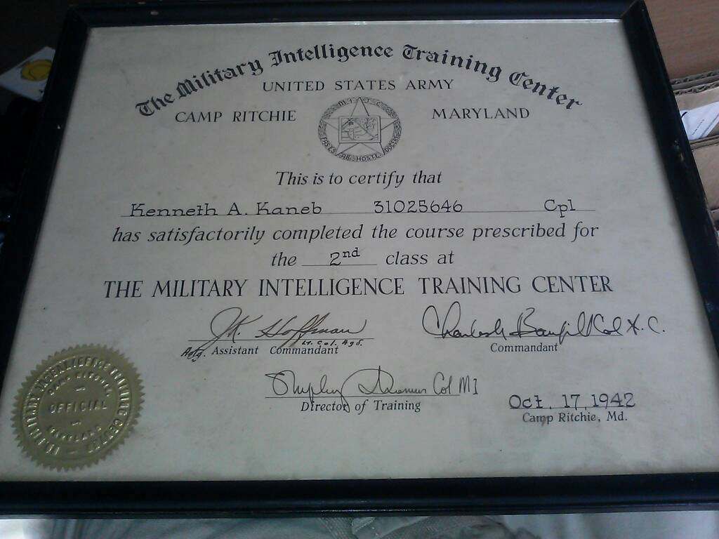 Camp Ritchie certificate, dated 17 October 1942.