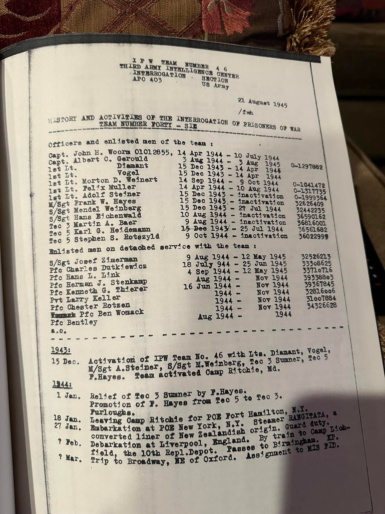 IPW Team 46 history and activities (page 1); lists Lt. Adolf Steiner (RB Archive).