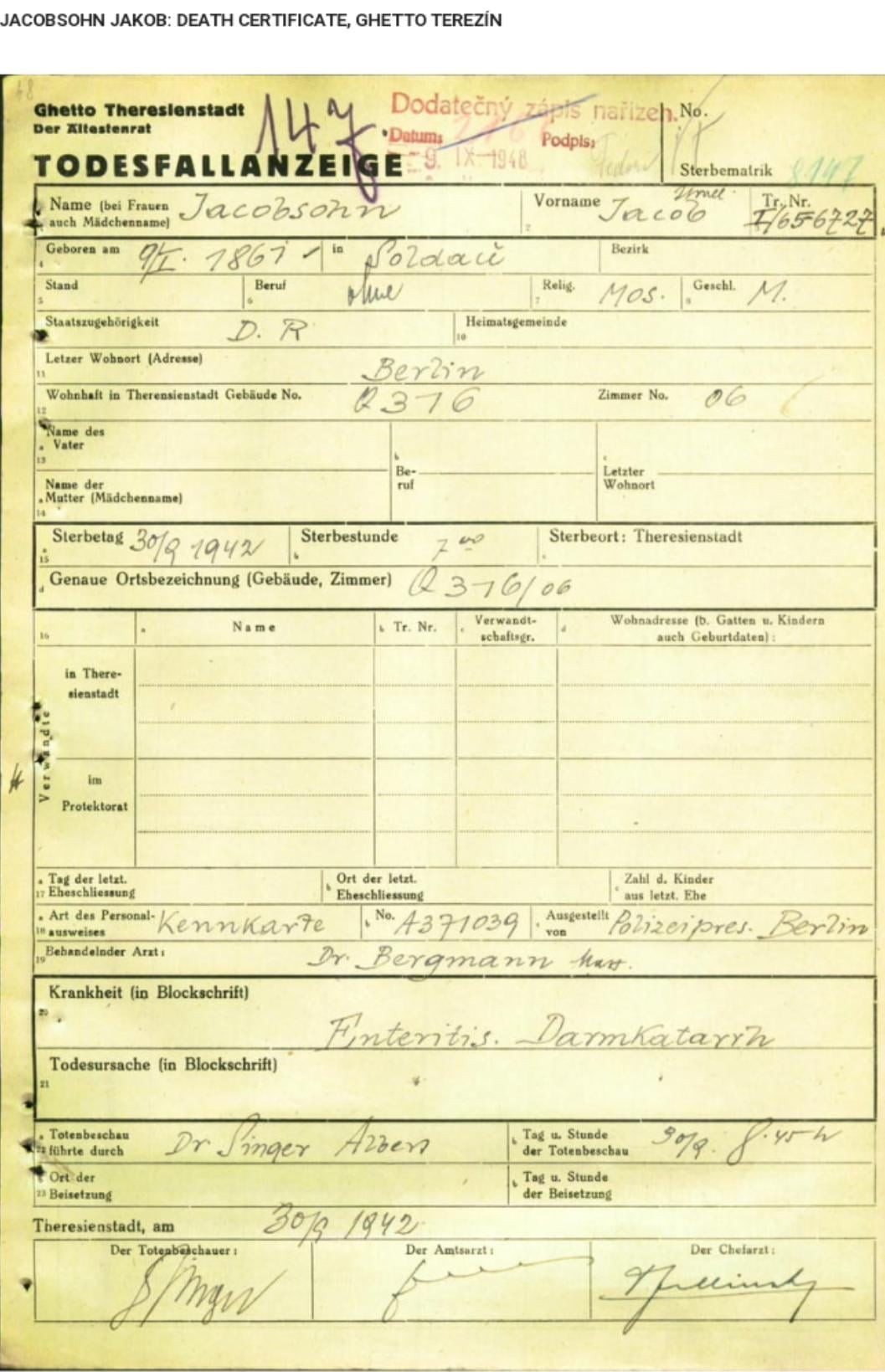 Death certificate for Jakob Jacobsohn (father of Kurt R. Jacobs), died at Theresienstadt (Terezín) on 30 September 1942 (RB Archive / family packet).