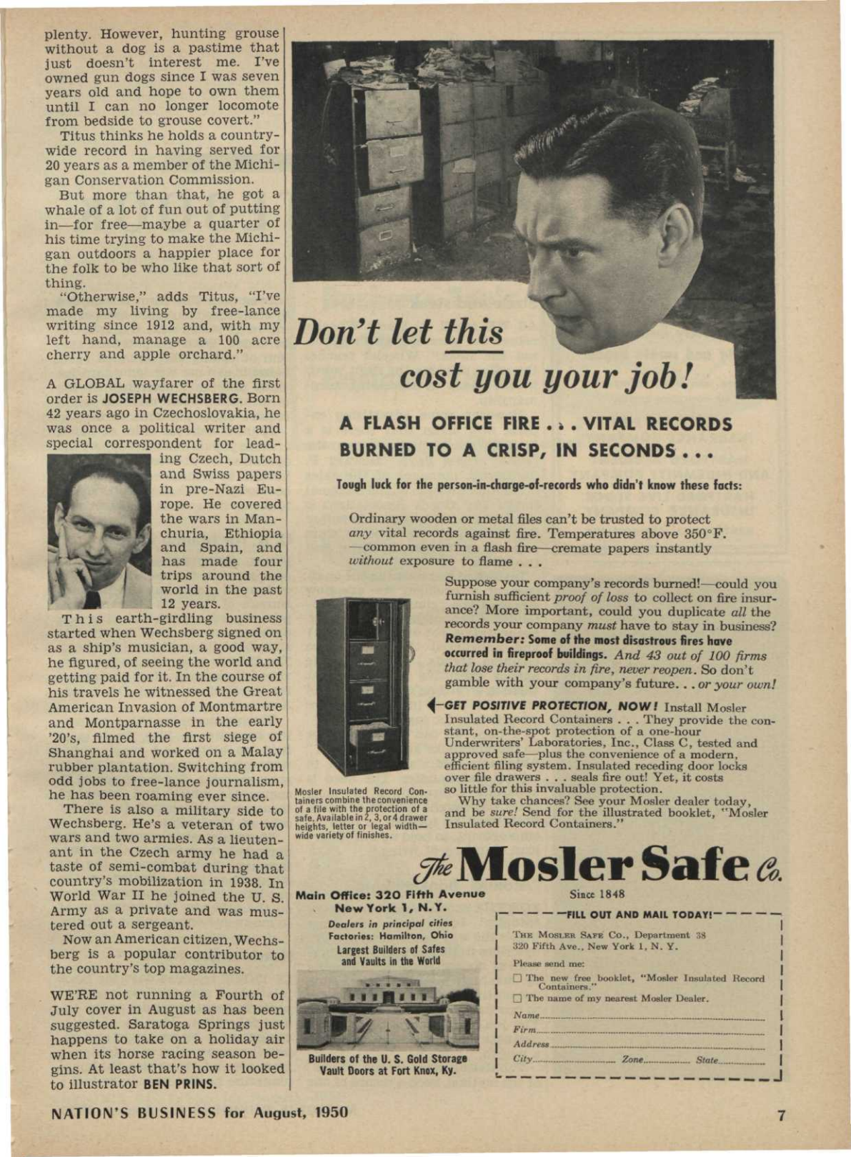 Contributor note on Joseph Wechsberg, Nation's Business, August 1950 (Czech-born journalist; Czech army 1938; U.S. Army private to sergeant; Camp Ritchie context in article).