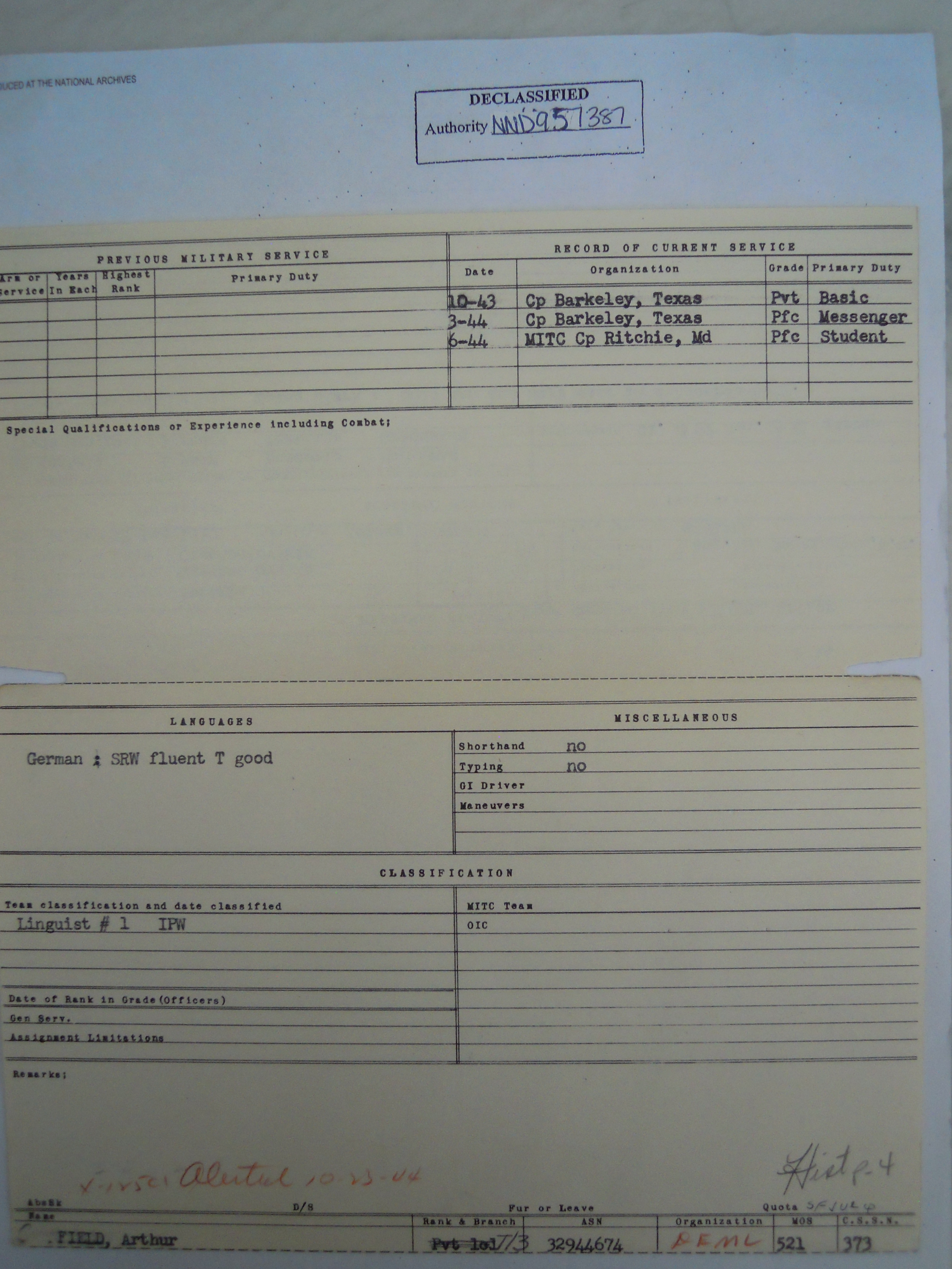 Service record listing MITC Camp Ritchie student (RB Archive).
