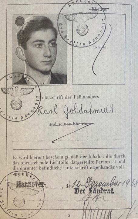 Karl Goldsmith’s German passport, stamped with a red J for Juden. Karl Goldsmith