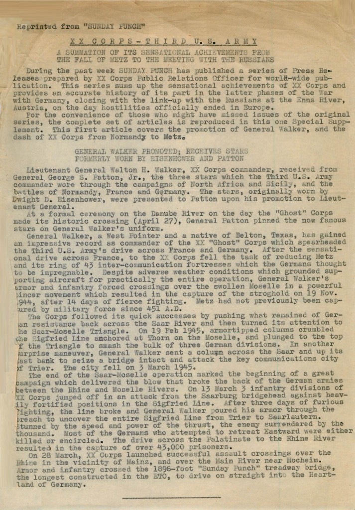 Sunday Punch reprint — XX Corps summation (Metz to Russian meeting); corps context only, team not named.