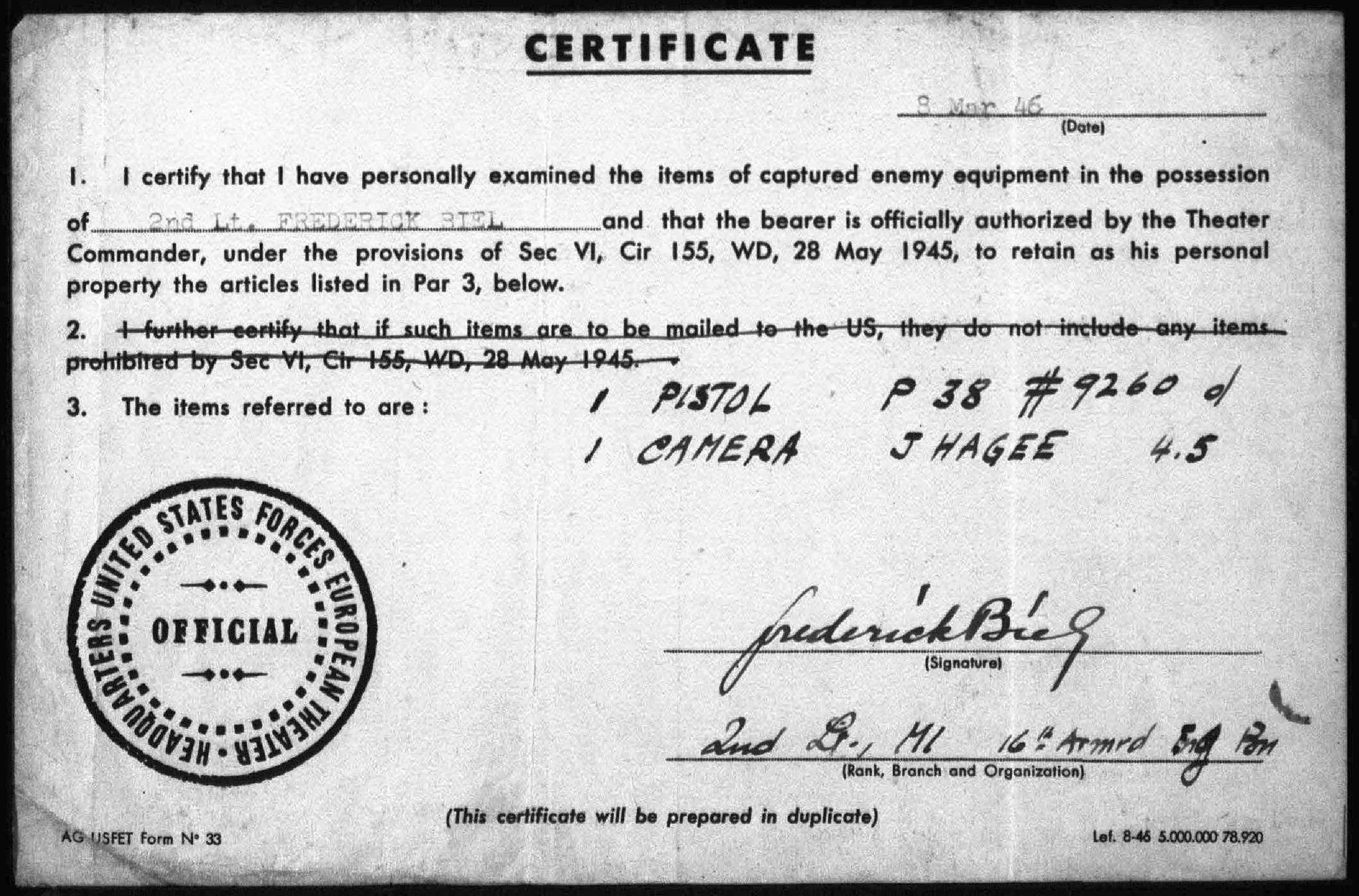 Per his separation document, he served in the European Theater of Operations in France, Belgium, Holland and Germany as an Military Intelligence Officer with team MII-457, He was in charge of military interpreter supervising and coordinating the collection of military intelligence from civilians and enemy military personnel