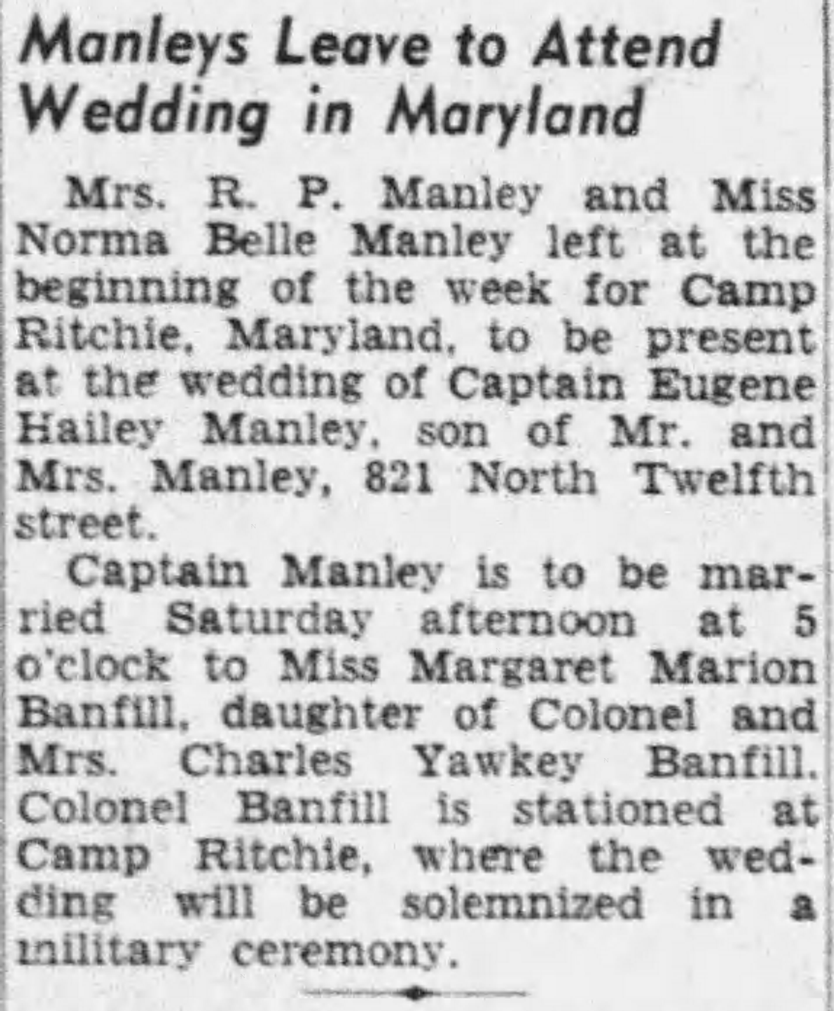 Southwest American, 28 November 1942, p. 5. Colonel Charles Yawkey Banfill, stationed at Camp Ritchie.