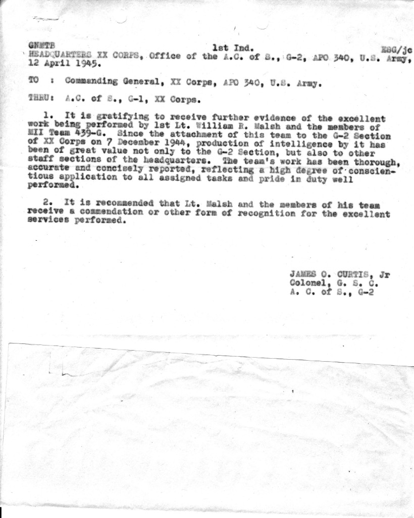 G-2 endorsement recommending recognition for Malsh / MII 439-G.
