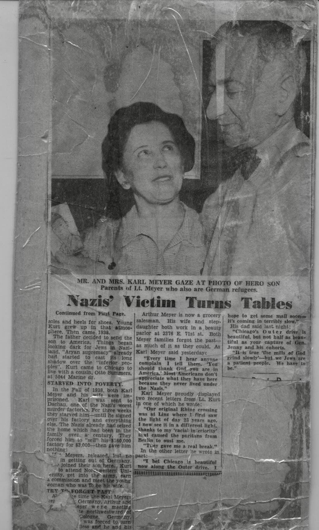 Chicago newspaper clipping: “Nazis’ Victim Turns Tables” — Karl Meyer family reaction (RB Archive).