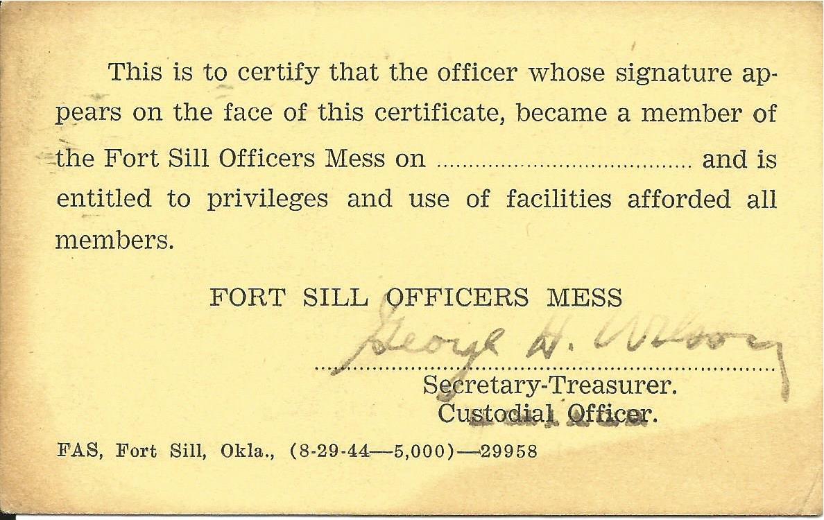 Fort Sill officers meal card, page 2 (RB Archive)