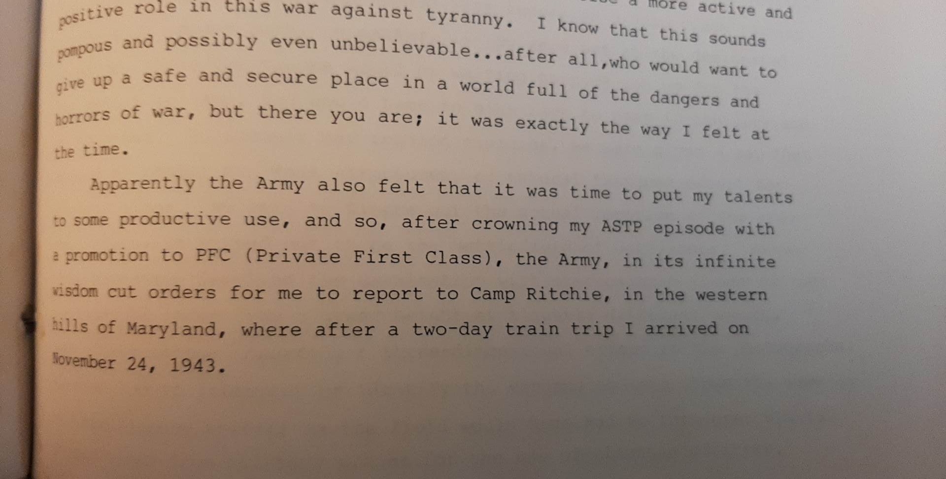 Memoir: ASTP → PFC; arrives Camp Ritchie 24 November 1943.