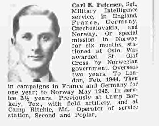 Contemporary biographical clipping with portrait — Carl E. Petersen, Sgt. (RB Archive FL3453711 scan)