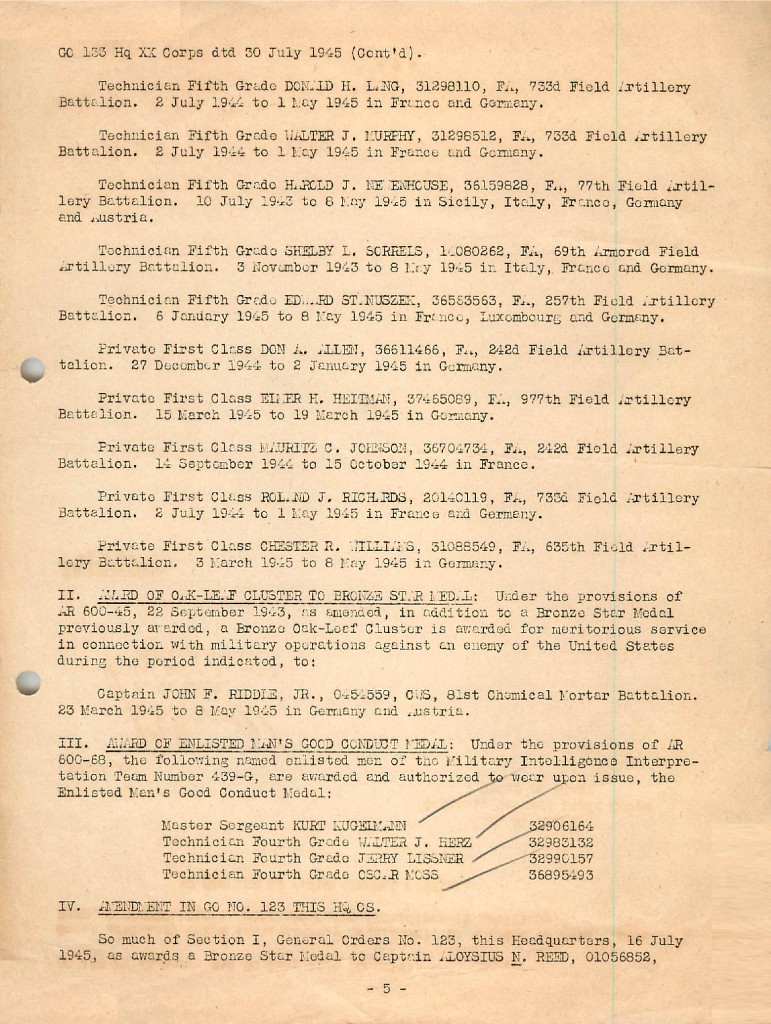 GO 133 — Good Conduct Medal to MII 439-G EM, 30 Jul 1945.