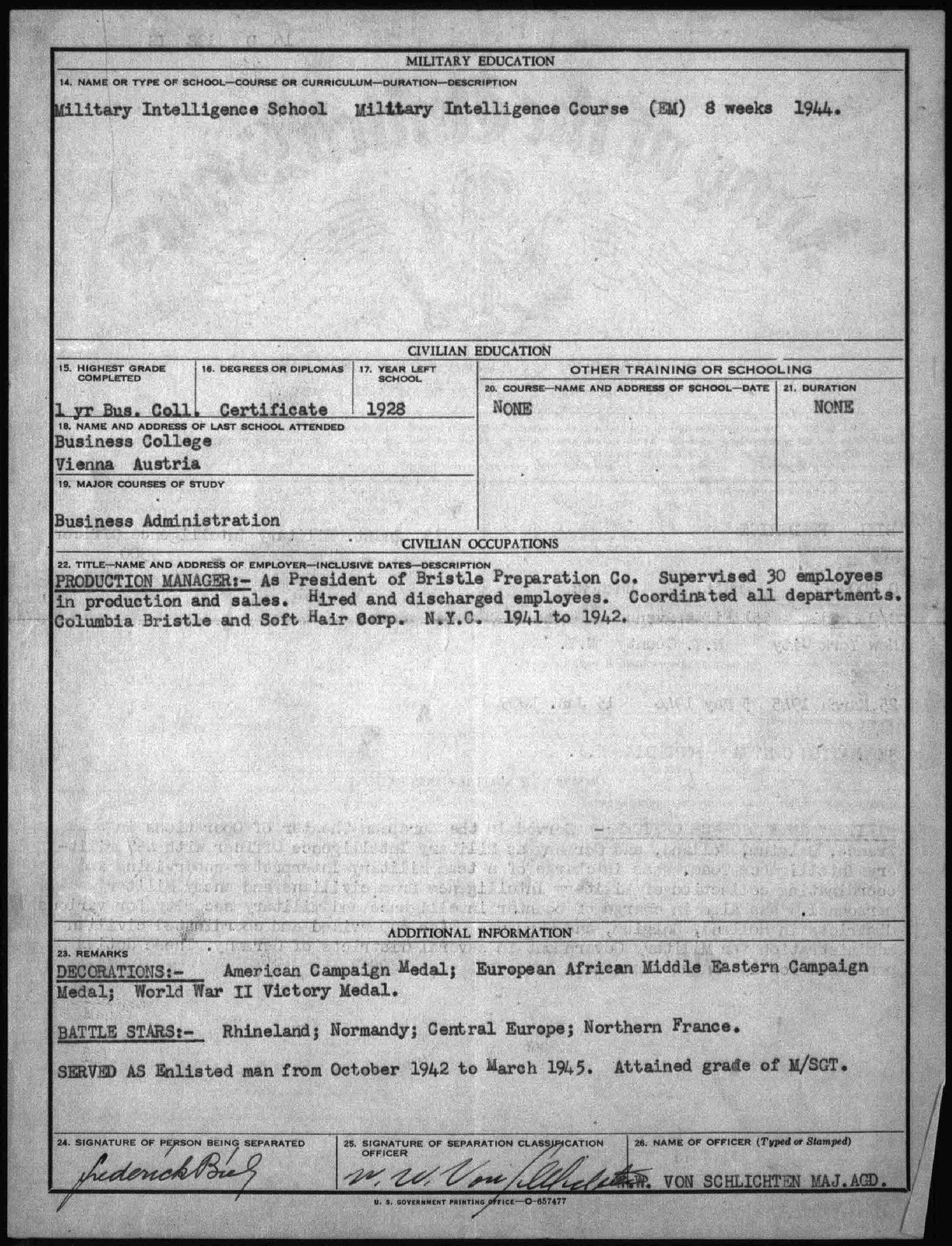 Per his separation document, he served in the European Theater of Operations in France, Belgium, Holland and Germany as an Military Intelligence Officer with team MII-457, He was in charge of military interpreter supervising and coordinating the collection of military intelligence from civilians and enemy military personnel