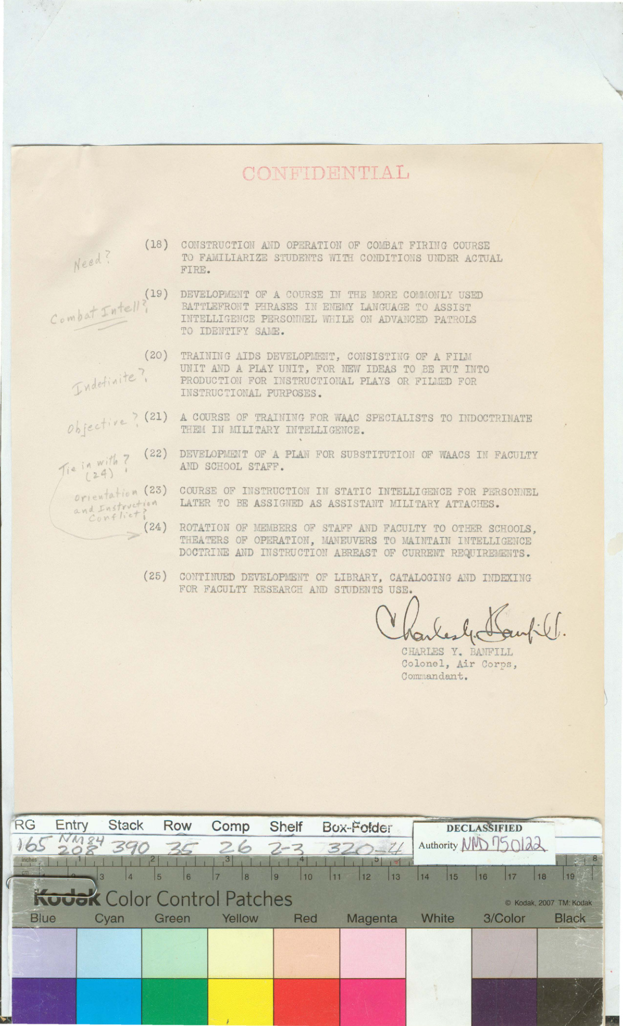 MITC projects memo, 30 Apr 1943 — page 3 (items 18–25; signed Charles Y. Banfill).