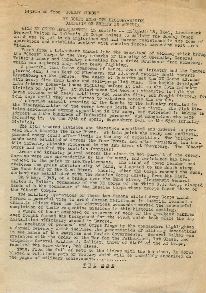 Sunday Punch reprint — XX Corps campaign ends in Austria; corps context only, team not named.