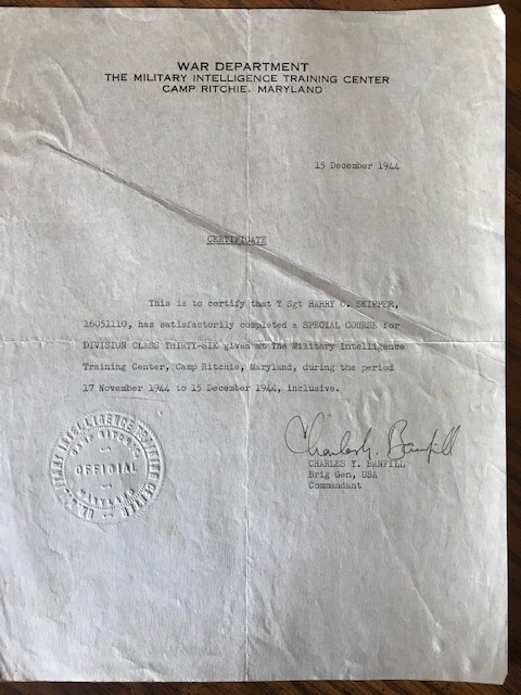 Camp Ritchie MITC special course certificate, 17 October–15 November 1944