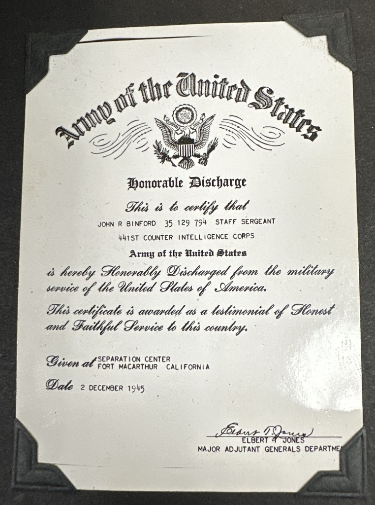 Honorable Discharge, 2 December 1945, Fort MacArthur, California
