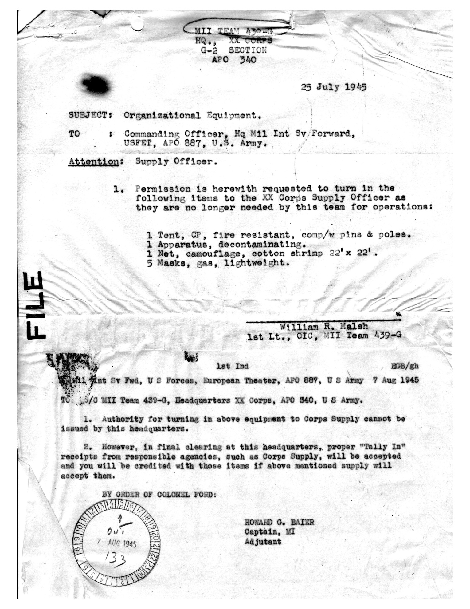 MII 439-G equipment turn-in request + 1st Ind (25 Jul / 7 Aug 1945).