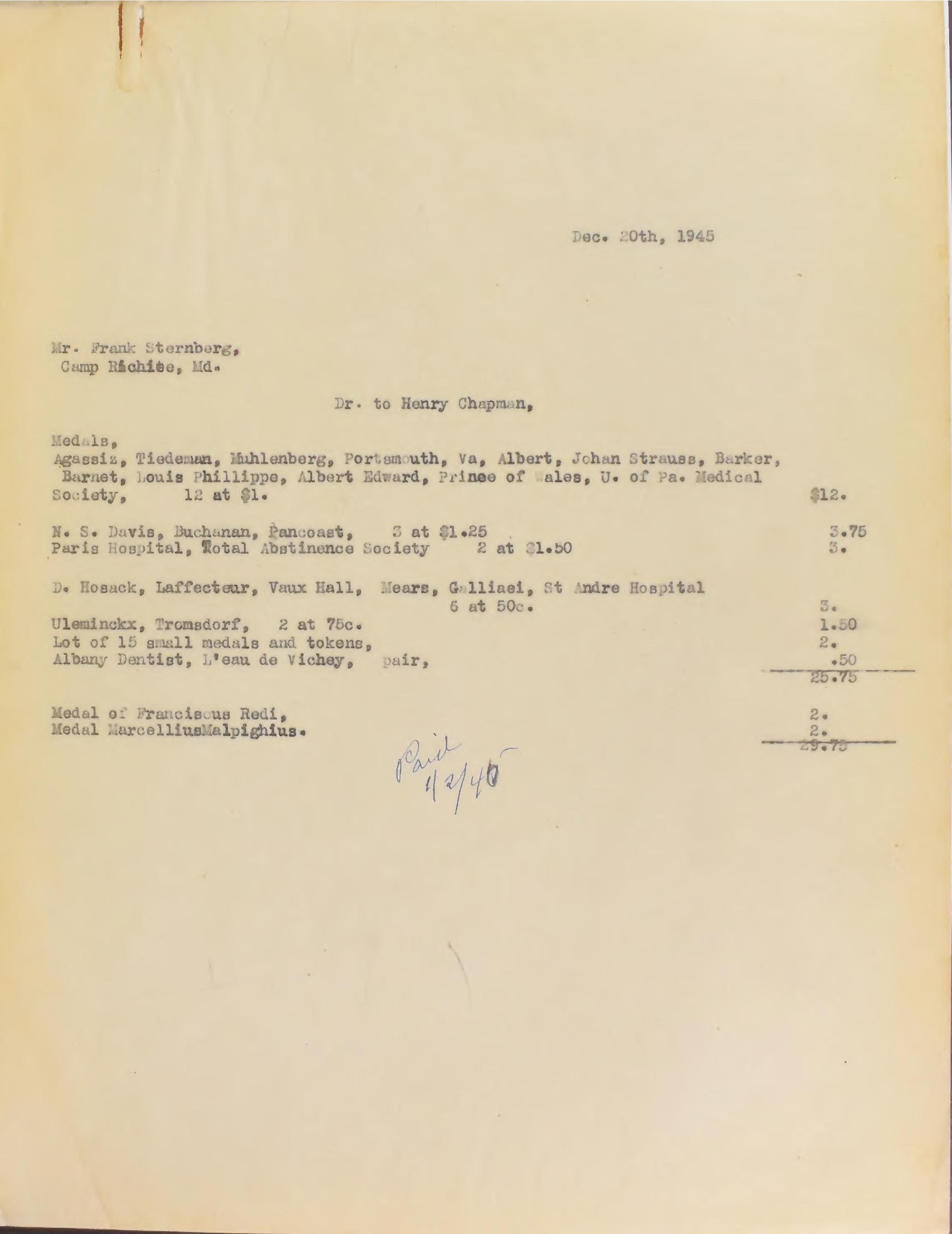 Chapman invoice addressed to Sgt. Frank Sternberg at Camp Ritchie, Maryland, 20 December 1945 (Internet Archive sternbergfranksg00ster).
