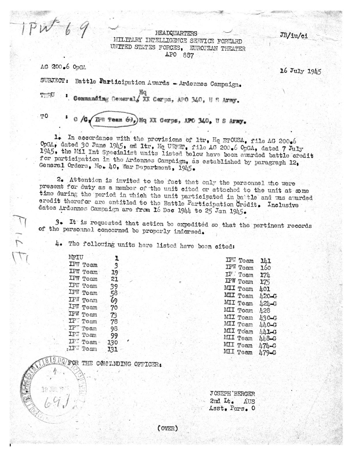 Ardennes battle credit memo (lists MII Team 428).