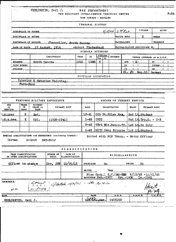 Camp Ritchie MITC personal history card (Dan Gross research archive)