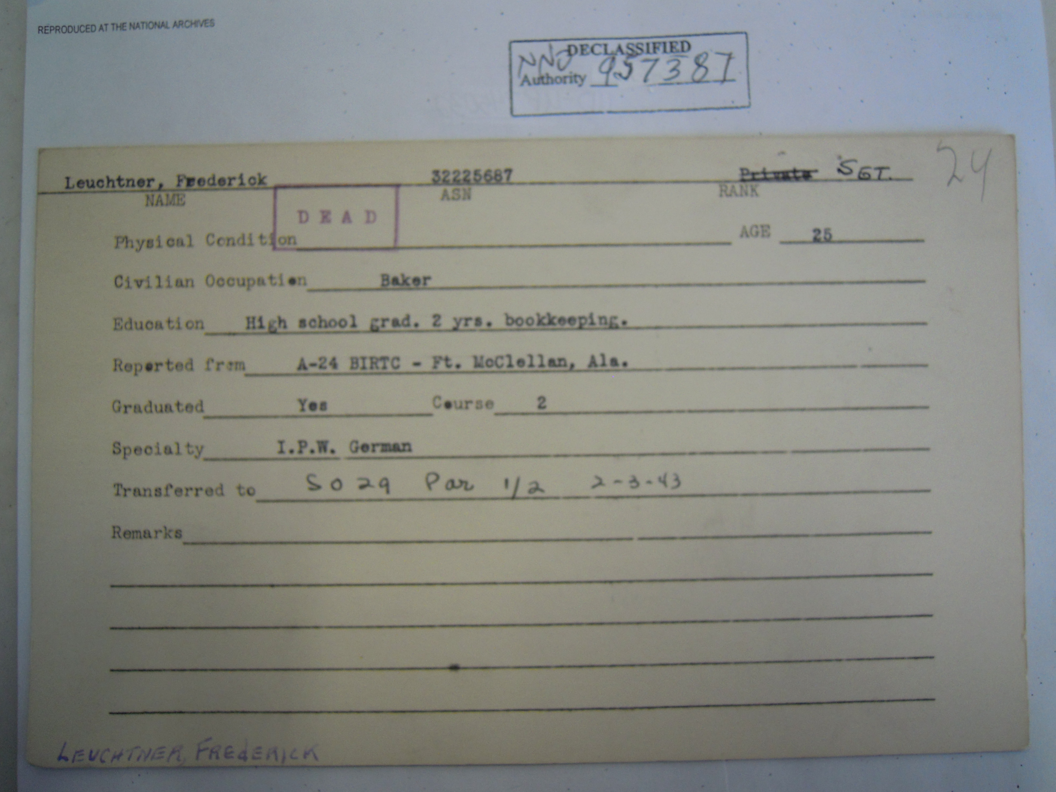Camp Ritchie / MITC course card: I.P.W. German, Course 2 (RB Archive).