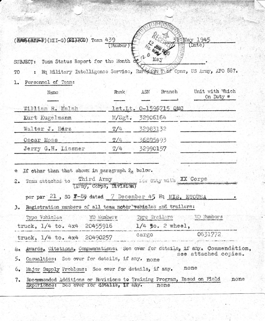 May 1945 team status — Malsh still OIC.