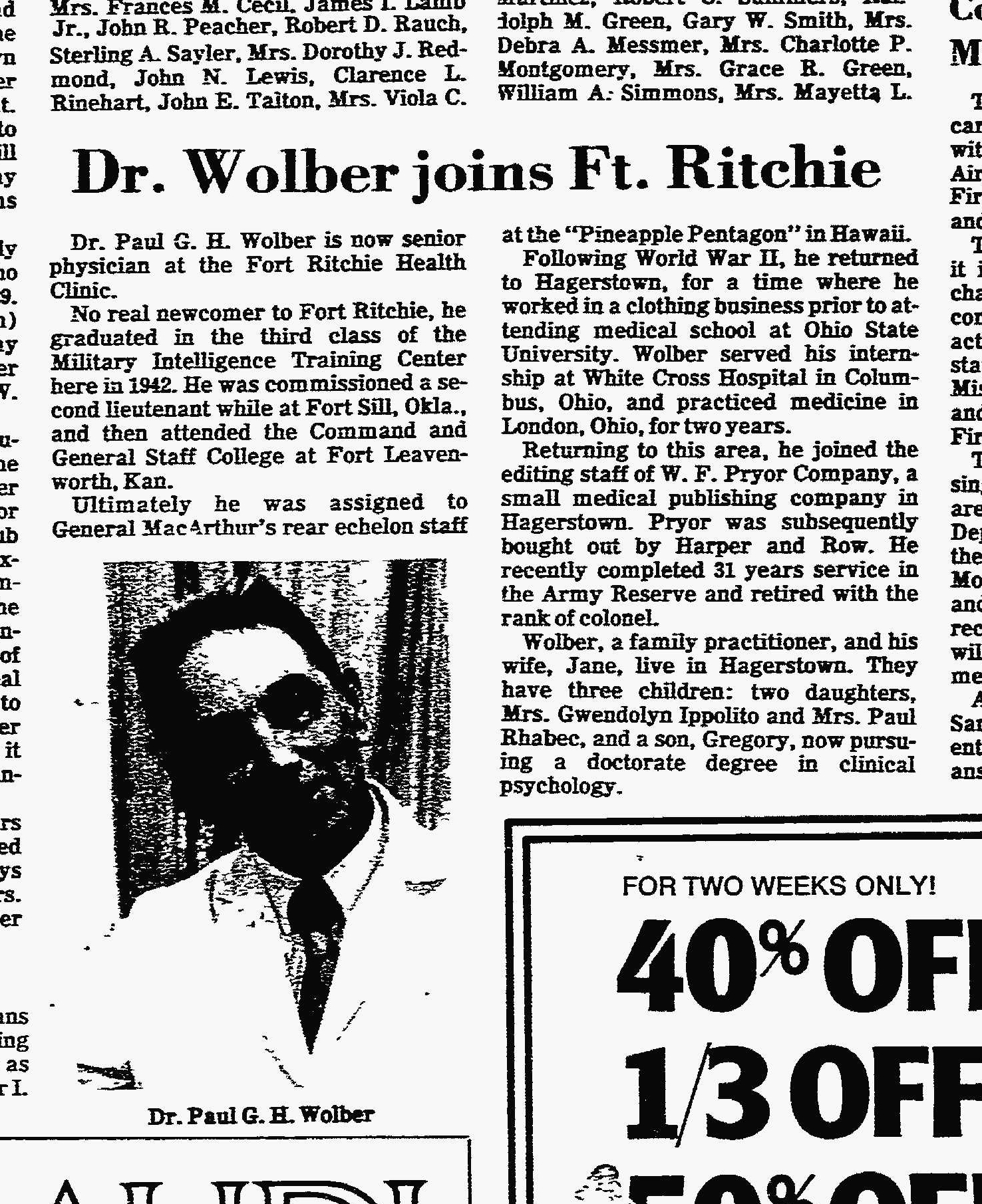 Frederick News, 11 July 1977 — Dr. Paul G. H. Wolber joins Fort Ritchie Health Clinic.