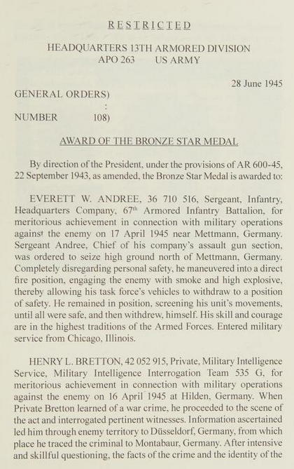 13th Armored Division GO 108 (28 June 1945) — Bronze Star citation for Pvt Henry L. Bretton, MI Team 535-G.