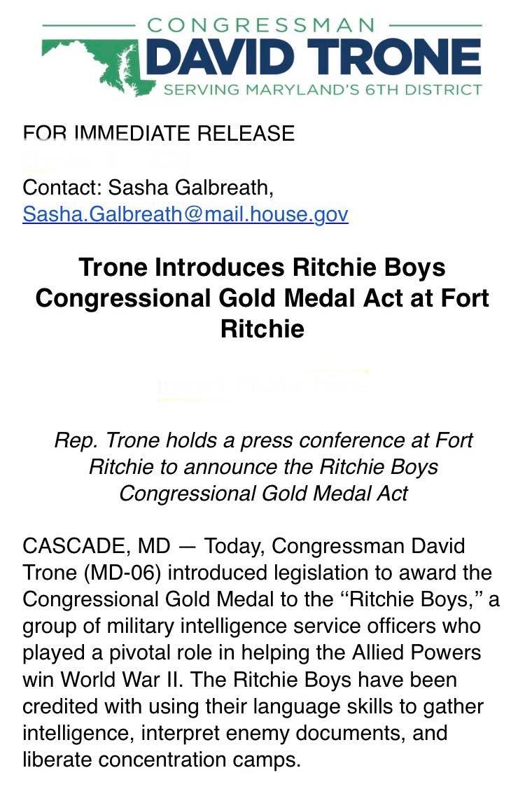 Congressman David Trone press release announcing the Ritchie Boys Congressional Gold Medal Act (31 October 2022); Kantor was interviewed at the Fort Ritchie announcement