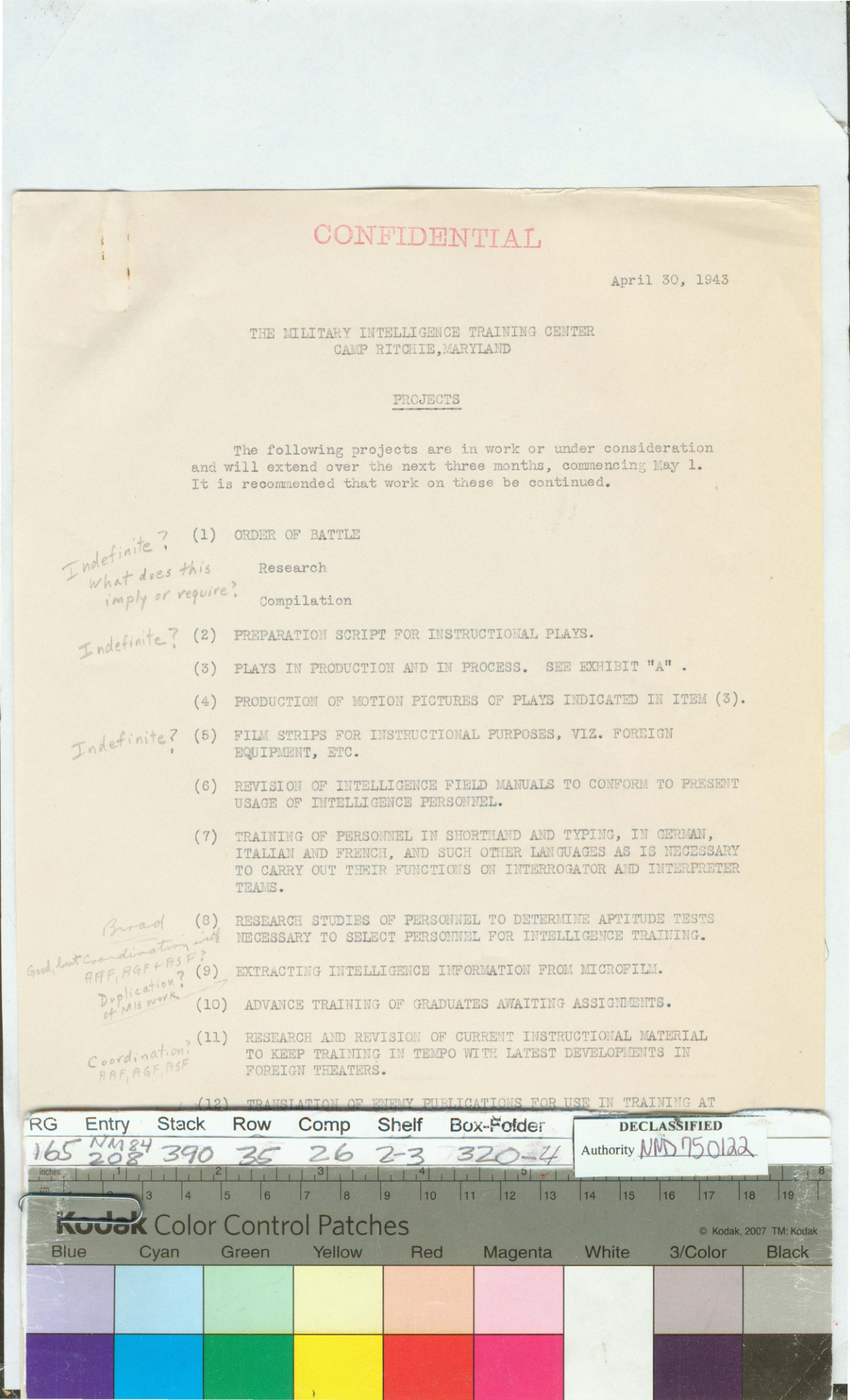 MITC projects memo, 30 Apr 1943 — page 1 (items 1–12; Banfill / Camp Ritchie).
