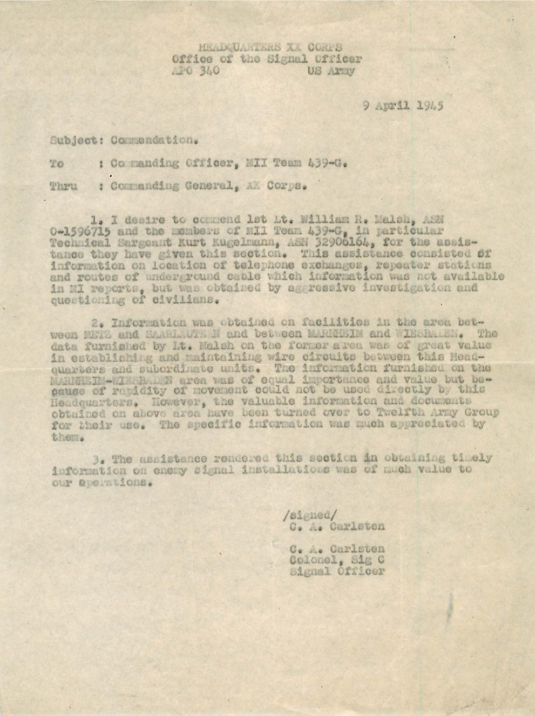 XX Corps Signal commendation naming Malsh (as Walsh) and Kugelmann.
