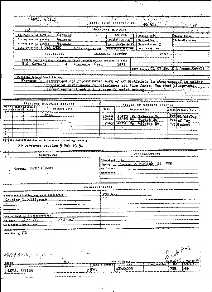 Personal History card (Camp Ritchie / MITC) — Irving Levi