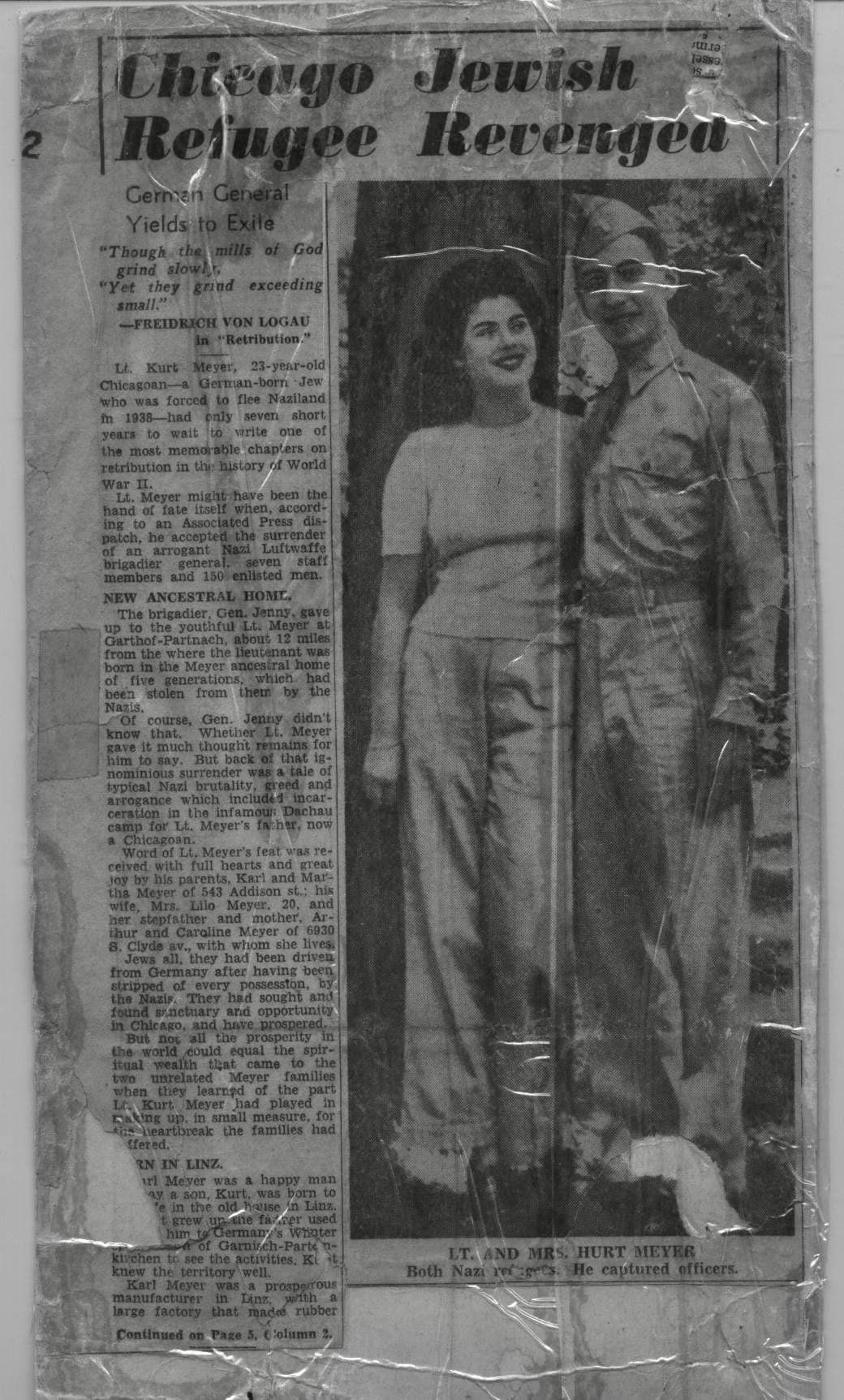 Chicago newspaper clipping: “Jewish Refugee Revenged” — Lt. Kurt Meyer accepts Gen. Jenny surrender near Garmisch-Partenkirchen (RB Archive).