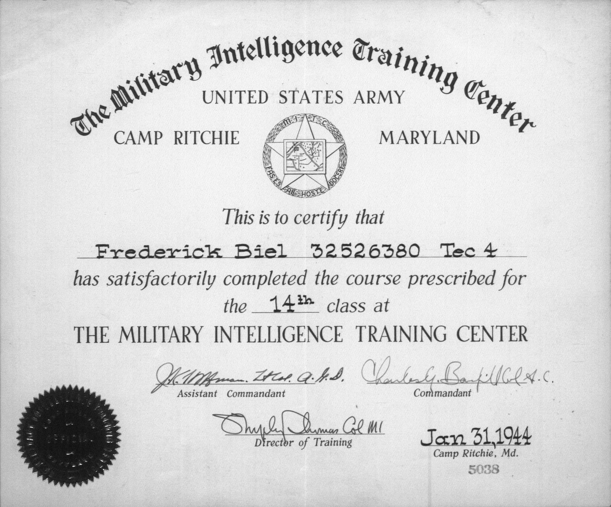 Per his separation document, he served in the European Theater of Operations in France, Belgium, Holland and Germany as an Military Intelligence Officer with team MII-457, He was in charge of military interpreter supervising and coordinating the collection of military intelligence from civilians and enemy military personnel
