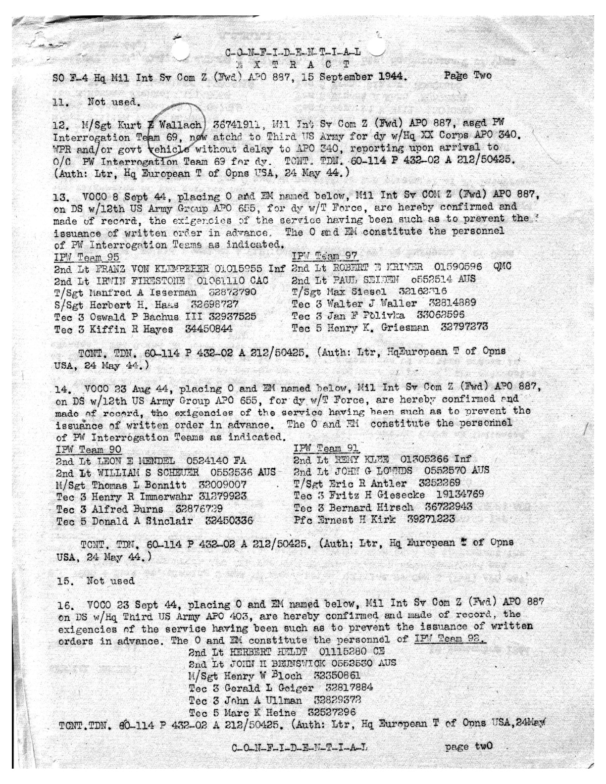MIS SO F-4, 15 Sep 1944 — IPW Team 92 (Third U.S. Army).
