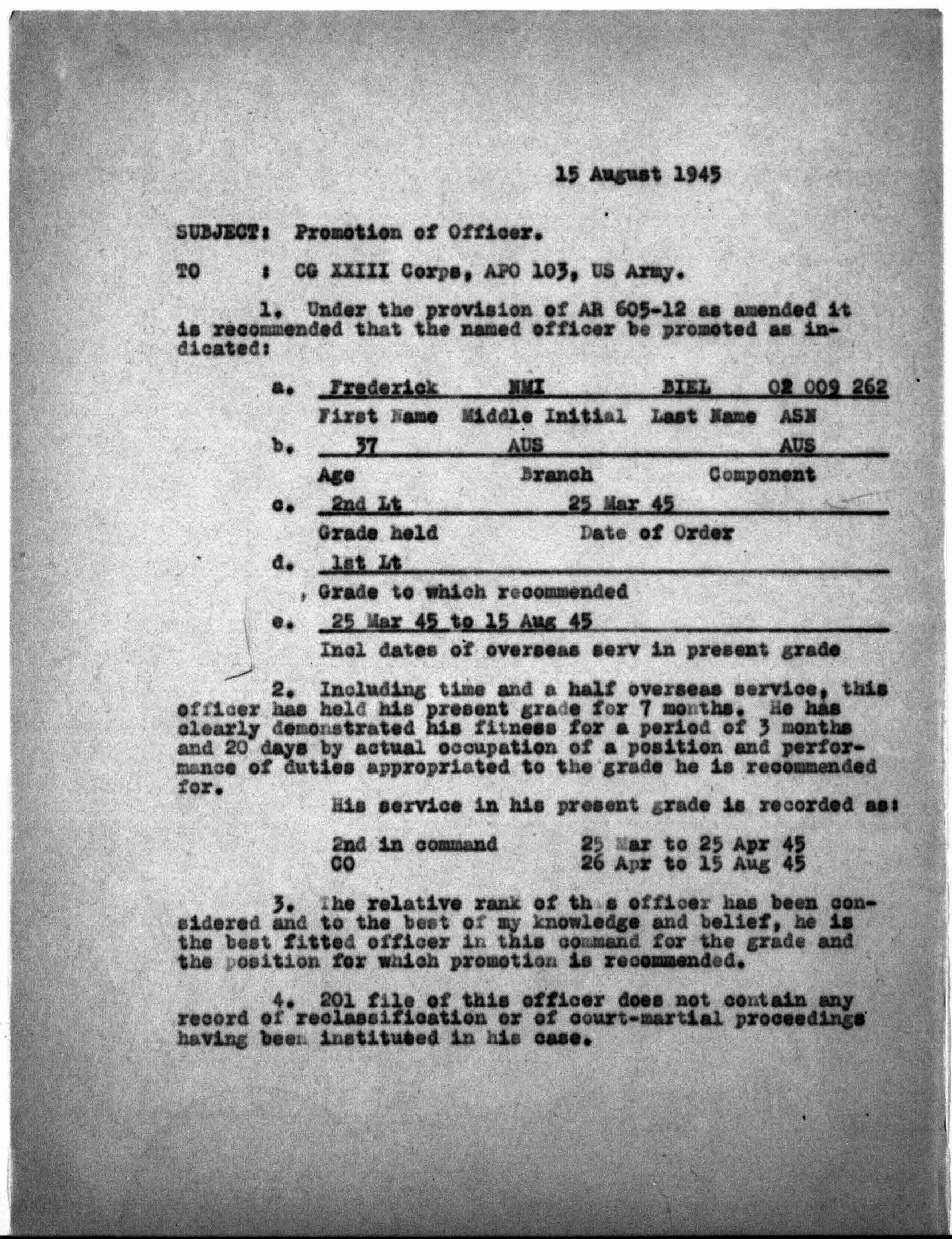 Per his separation document, he served in the European Theater of Operations in France, Belgium, Holland and Germany as an Military Intelligence Officer with team MII-457, He was in charge of military interpreter supervising and coordinating the collection of military intelligence from civilians and enemy military personnel