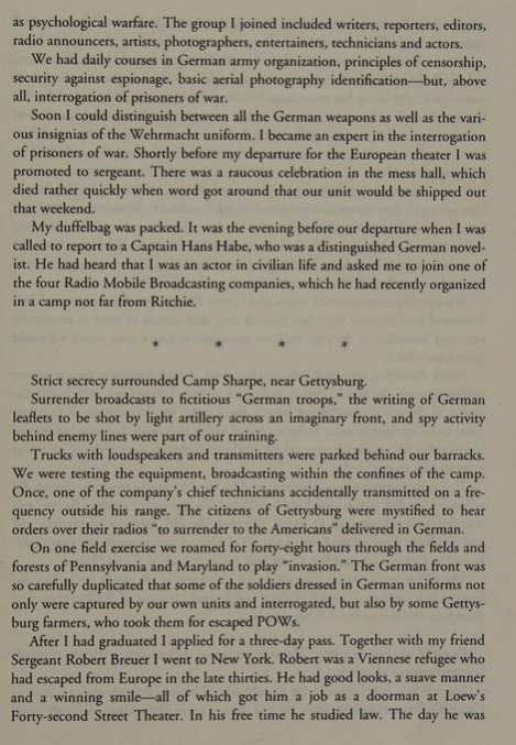Memoir page: psychological warfare training at Camp Sharpe under Capt. Hans Habe; 4th Mobile Radio Broadcasting Company path.
