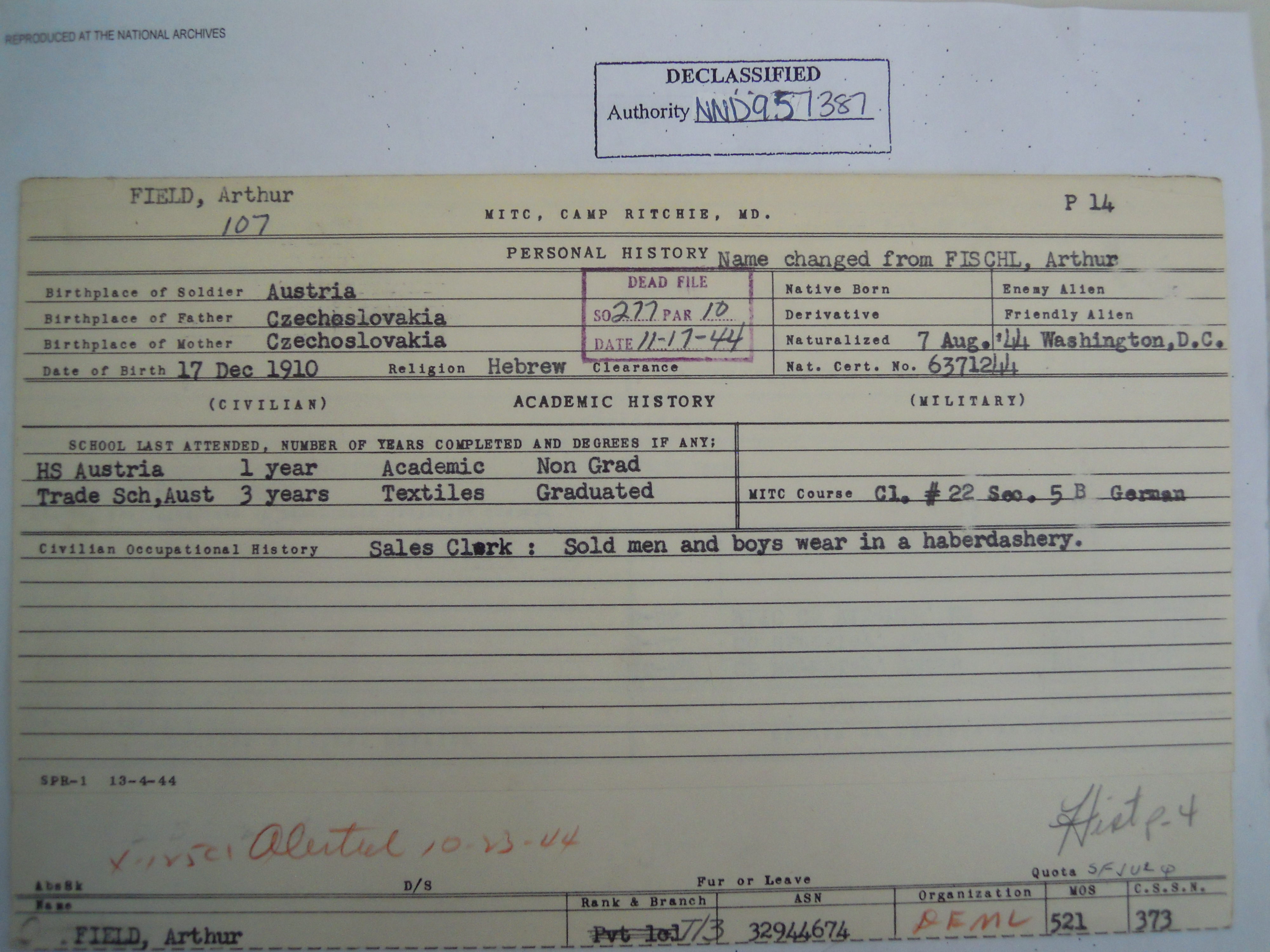 NARA personal history excerpt noting name change from Fischl; MITC Camp Ritchie (RB Archive).