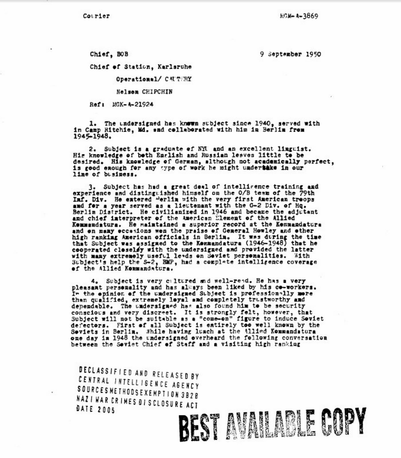 Bavaria order-of-battle / intelligence sheet naming Chipchin, 9 September 1950 (p. 1).