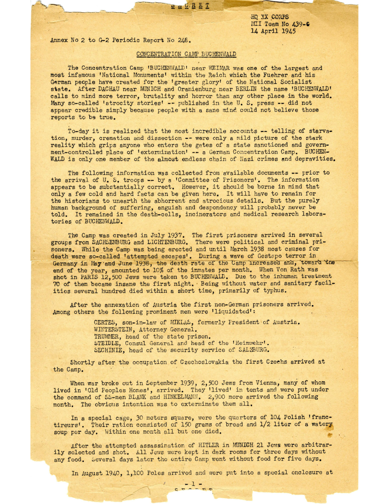 Buchenwald annex p.1 — HQ XX Corps / MII Team 439-G, 14 Apr 1945.