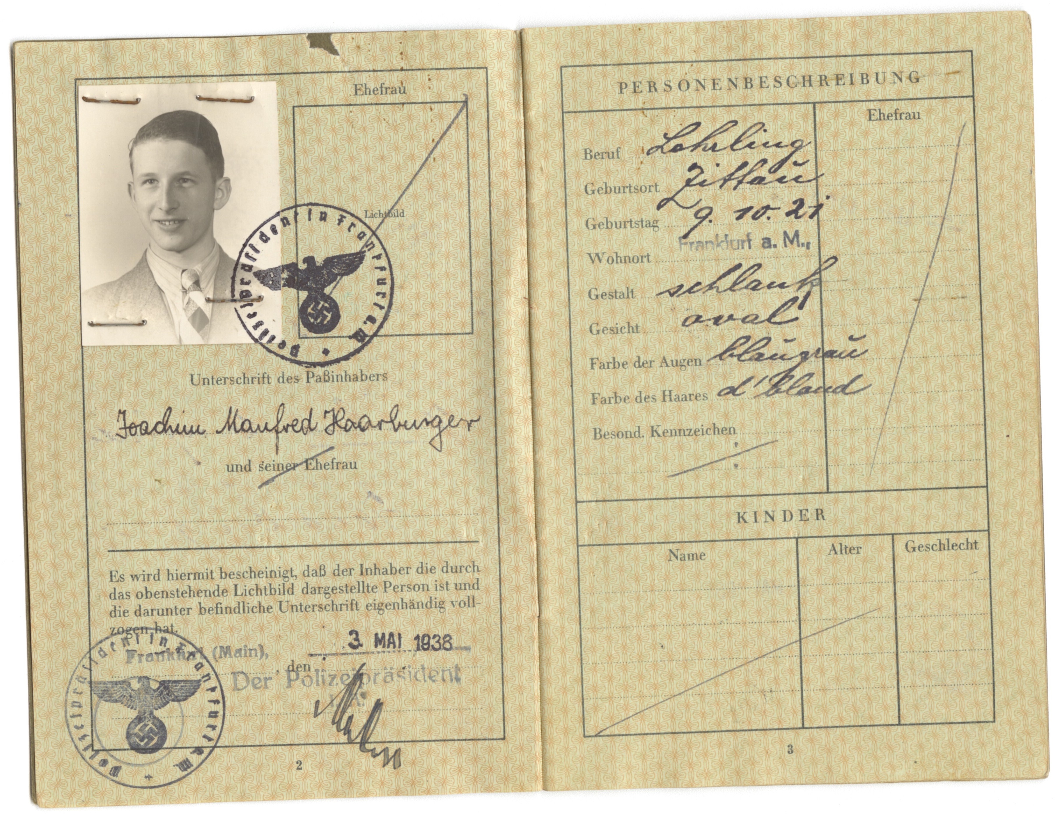 German passport ID pages, Frankfurt am Main, 3 May 1938 — birth 9 October 1921, Zittau; signature Joachim Manfred Haarburger (RB Archive).