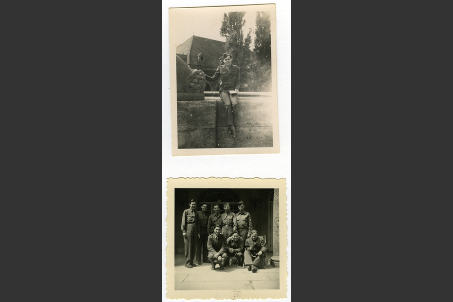 Walter H. Glass with Army colleagues sitting on a wall, Europe circa 1944