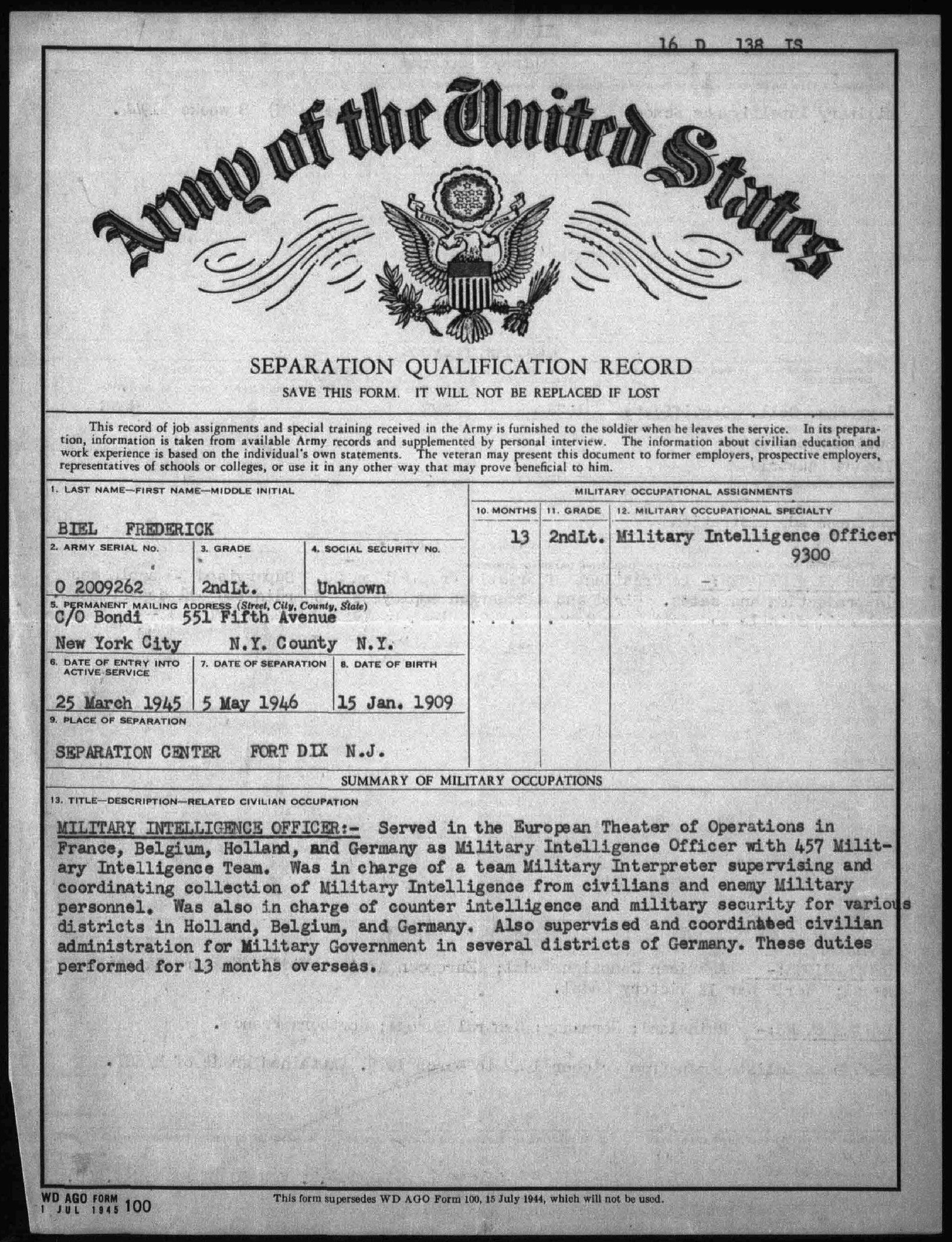 Per his separation document, he served in the European Theater of Operations in France, Belgium, Holland and Germany as an Military Intelligence Officer with team MII-457, He was in charge of military interpreter supervising and coordinating the collection of military intelligence from civilians and enemy military personnel